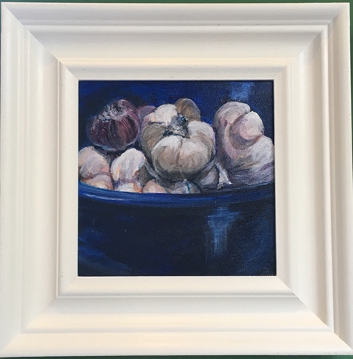 Garlic in the Blue Bowl -2B with a handpainted and beeswax polished wooden frame. by Sarah Heelis