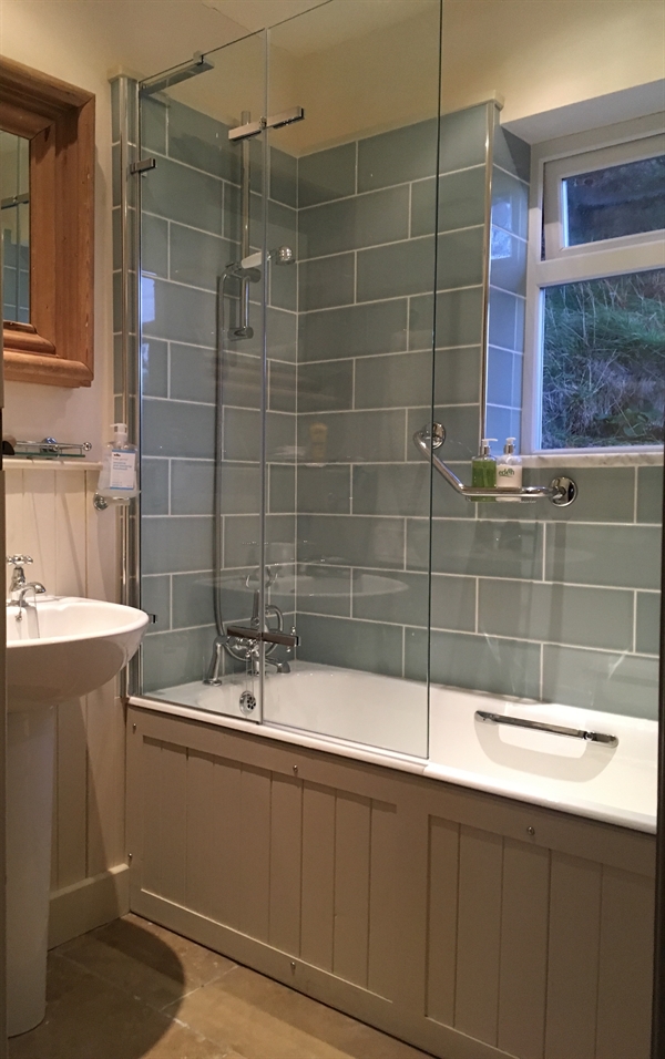 Bathroom with a shower over the bath